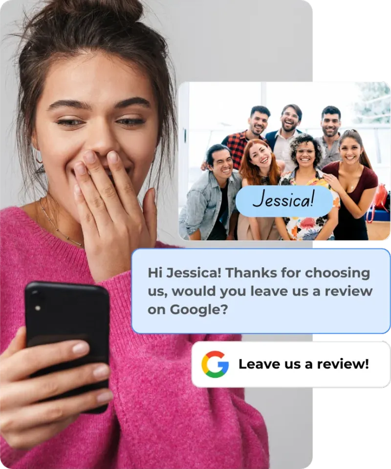 Example: a customer receiving a personalised photo review request by text, with a Leave us a review button